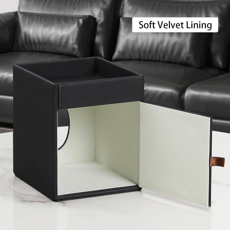 Cretkhp Tissue Box Cover, PU Leather Square Tissue Box Holder with Storage Tray for Bathroom Vanity Countertop Night Stands Bedroom Office Desk, Stylish Tissue Holder Decorative Organizer (Black) - Image 4